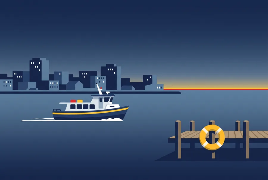 Small passenger ferry crossing the harbour at dusk