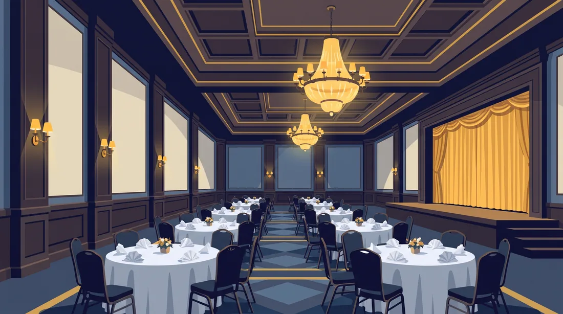 Chandeliers and dinner tables in the Bruce Guthro Theatre